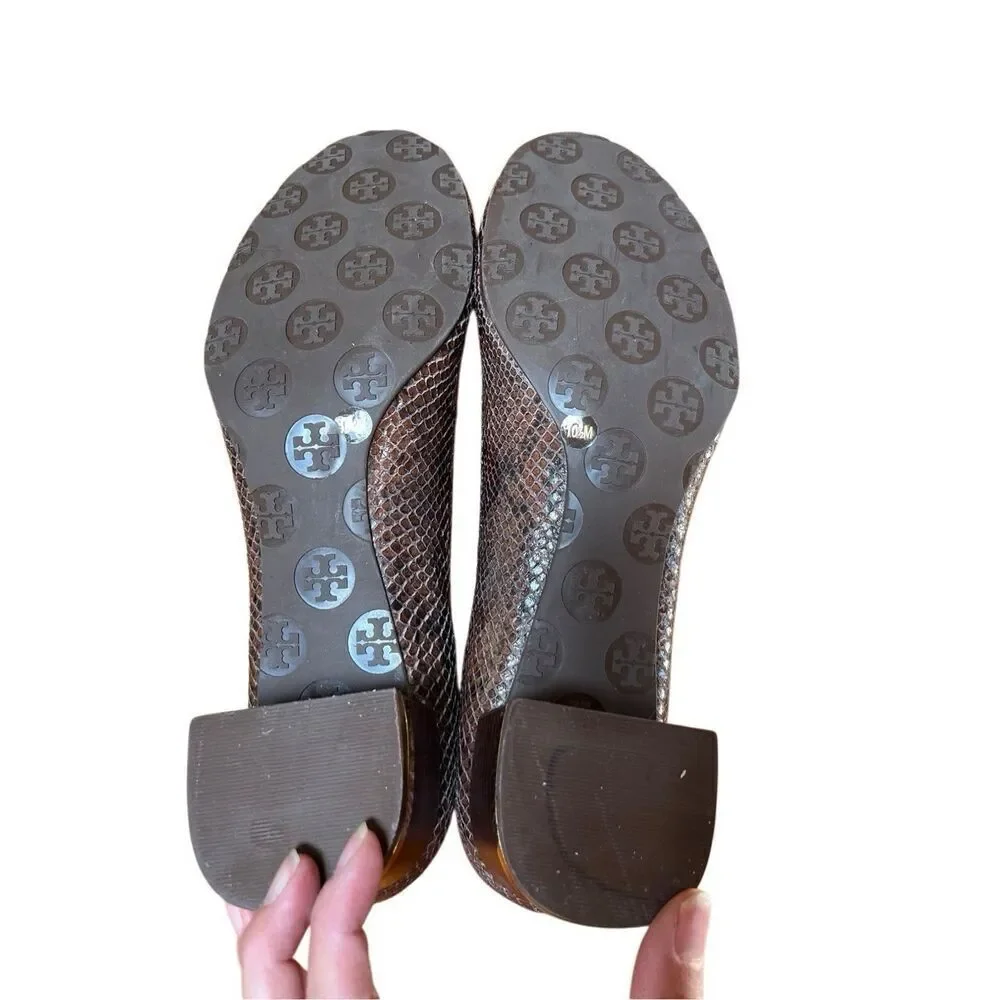 NWOB Tory Burch Amy Brown Snake Skin Leather Block Low Heels 10.5 US